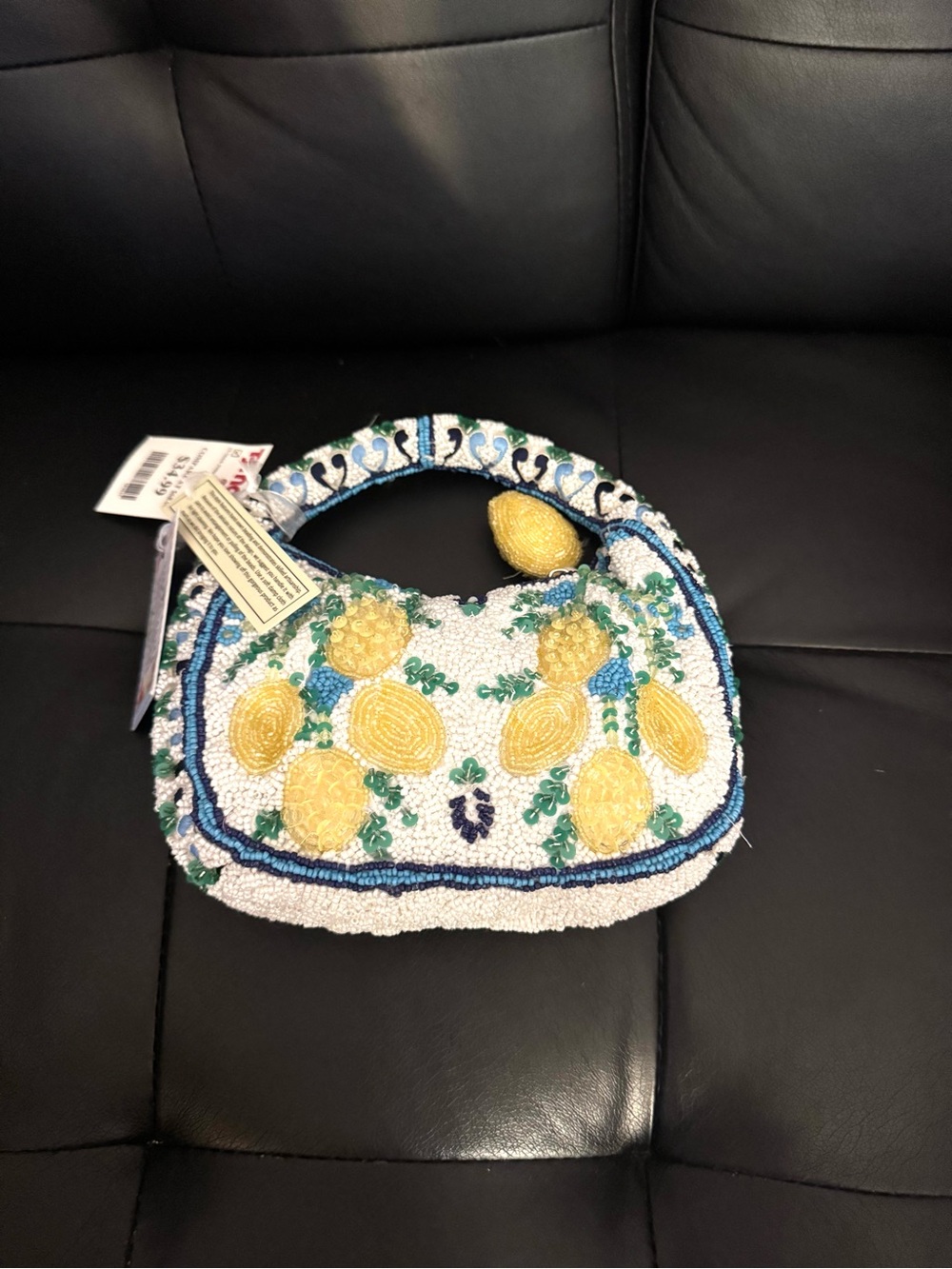 NWT Made In India White/Blue/Yellow Beaded Lemon Mini Bag Viral Handmade